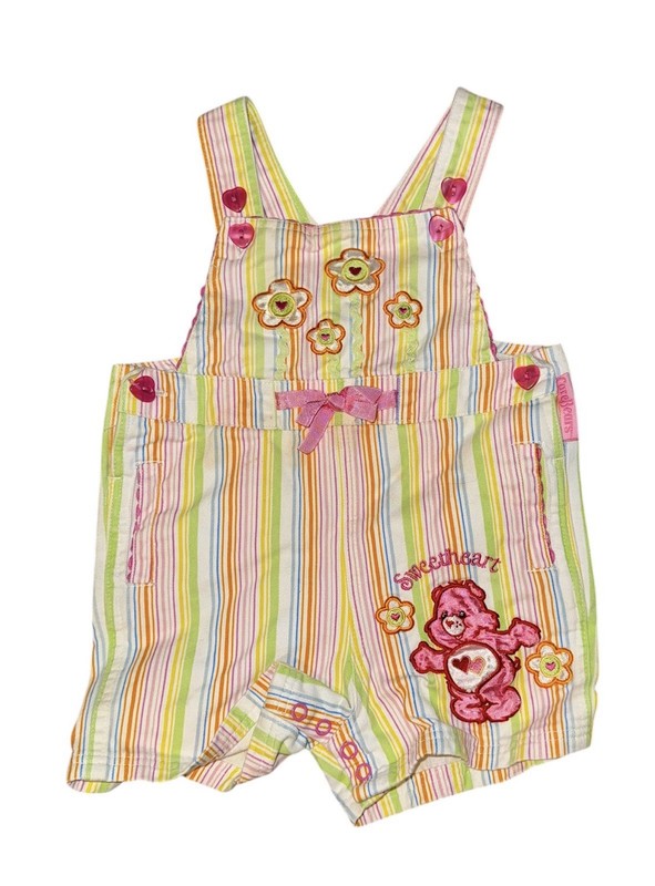 Vintage Care Bears Colorful Striped Denim Overall Shorts 12 Months Sweetheart