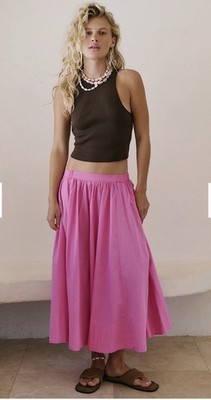 Free People Lowen Midi Skirt Sugar Magnolia Pink Pleated Billowy A-line Sz L