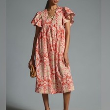 Anthropologie Maeve Coral Paisley V-Neck Maxi Dress size L NWOT