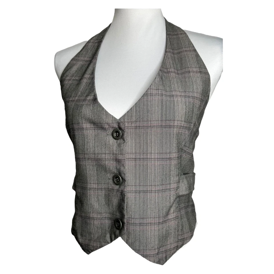 Camiseta sin mangas vintage Y2K FANG XL/L gris a cuadros sin mangas con botones elásticos Foto 3 de 4