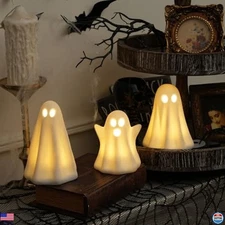 Light Up Ghost Halloween Decor, 3 Pack Ceramic Figurines for Spooky Home Decor