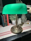 Vtg EMERALITE STYLE BANKERS DESK LAMP GREEN GLASS SHADE LIBRARY LIGHT BRASS 14"!