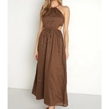 Faithfull the Brand La Piedra Maxi Dress 12 linen backless chocolate brown
