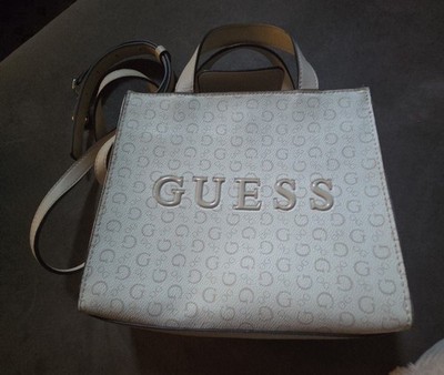Guess White and Cream Monogram Logo Mini Tote Crossbody Bag