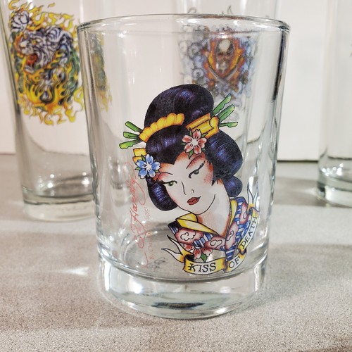Lot of 7 Don Ed Hardy Tumblers Scotch Drink Shot Glass Tattoo Koi Skulls Geisha - Picture 3 of 17