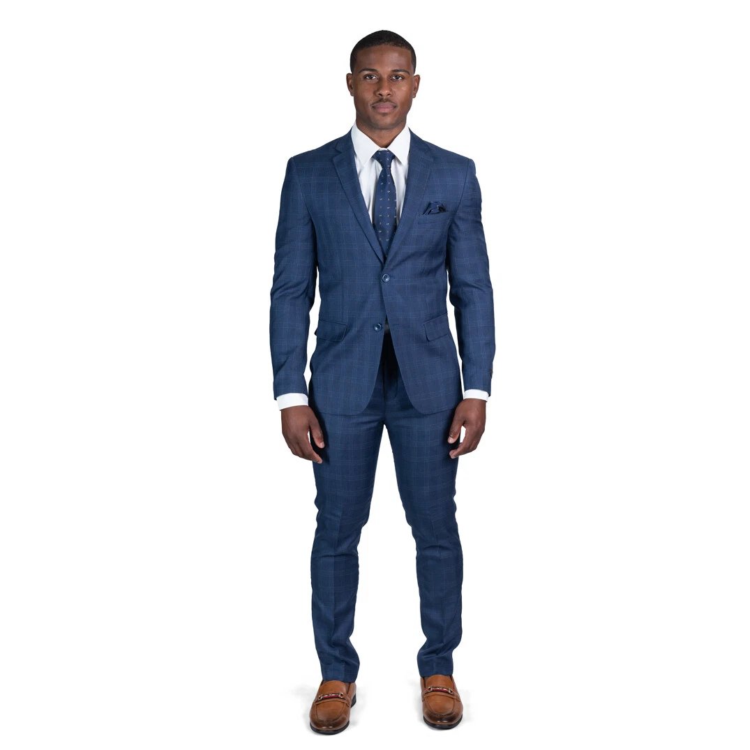 Slim Fit Navy Blue Windowpane Plaid 2 Button Notch Lapel Mens Suit 18335 AZAR