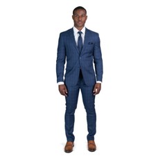 Slim Fit Navy Blue Windowpane Plaid 2 Button Notch Lapel Mens Suit 18335 AZAR