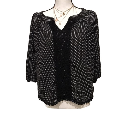 My Michelle -Black with White Polka Dot 3/4 Sleeve Lace Inset Blouse Size S - 第 1/6 張圖片