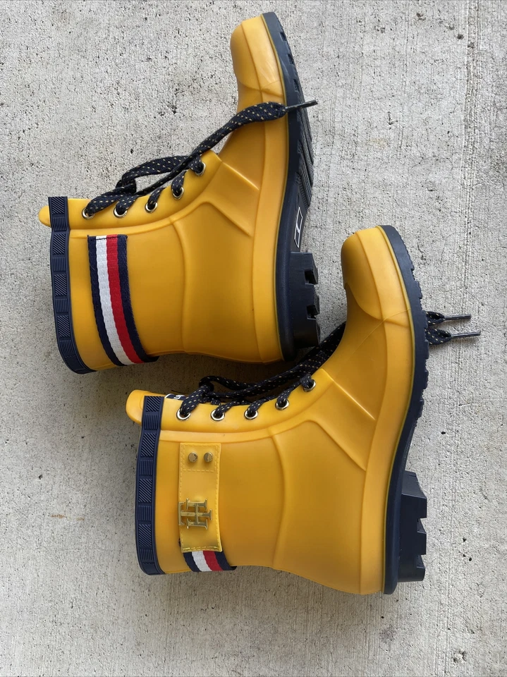 Tommy Hilfiger Amarillo Goma Con Cordones Media Pantorrilla Pato Bota de Lluvia Zapatos para Mujer 6 Foto 2 de 4