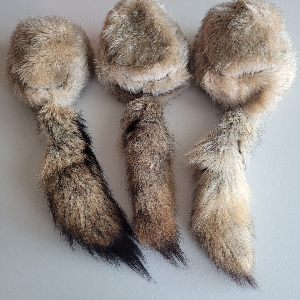 Coyote Tail Davey Crockett Coonskin Cap Real Tail Fur Coon Daniel Boone ...