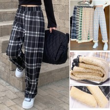 Womens Plaid Thick Trousers Warm Thermal Fleece Lined Stretchy Leggings Pants  