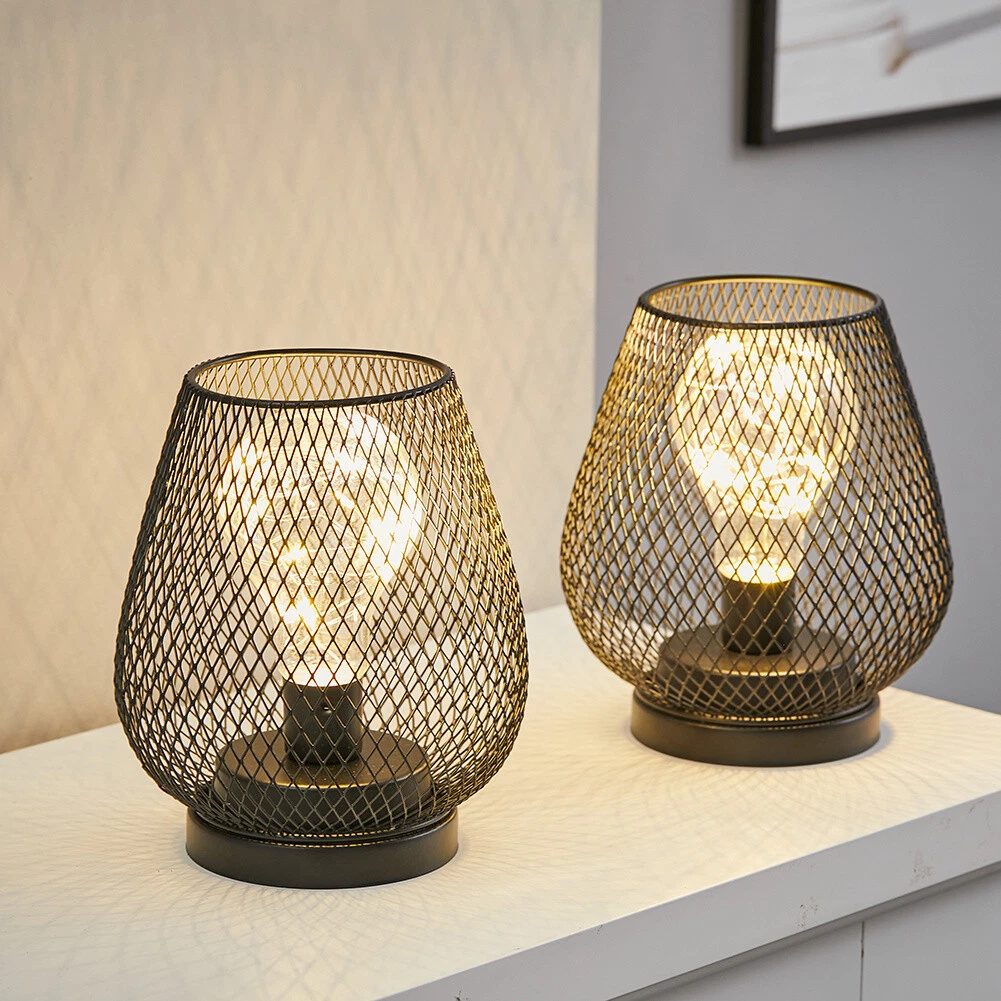 Bedside Tabletop Night Light Glass Wire Cage Lampshade Dome Lantern Table Lamp