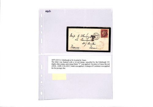 GB QV 1d Cover Edinburgh *DOTTED CIRCLE* Duplex 1877 France TAXE 5c Charge XD51 - Picture 14 of 15