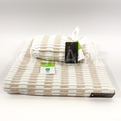 Max Studio Dry 3Pc 1 Bath and 2 Hand Towel  100% Cotton Beige & White New