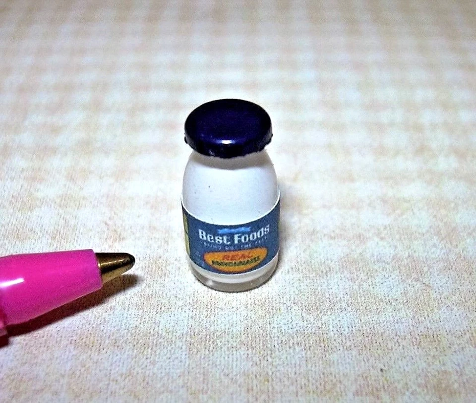 FALCON MINIATURES Miniature Glass Jar Brand Mayonnaise w/Blue Lid for DOLLHOUSE, 1:12