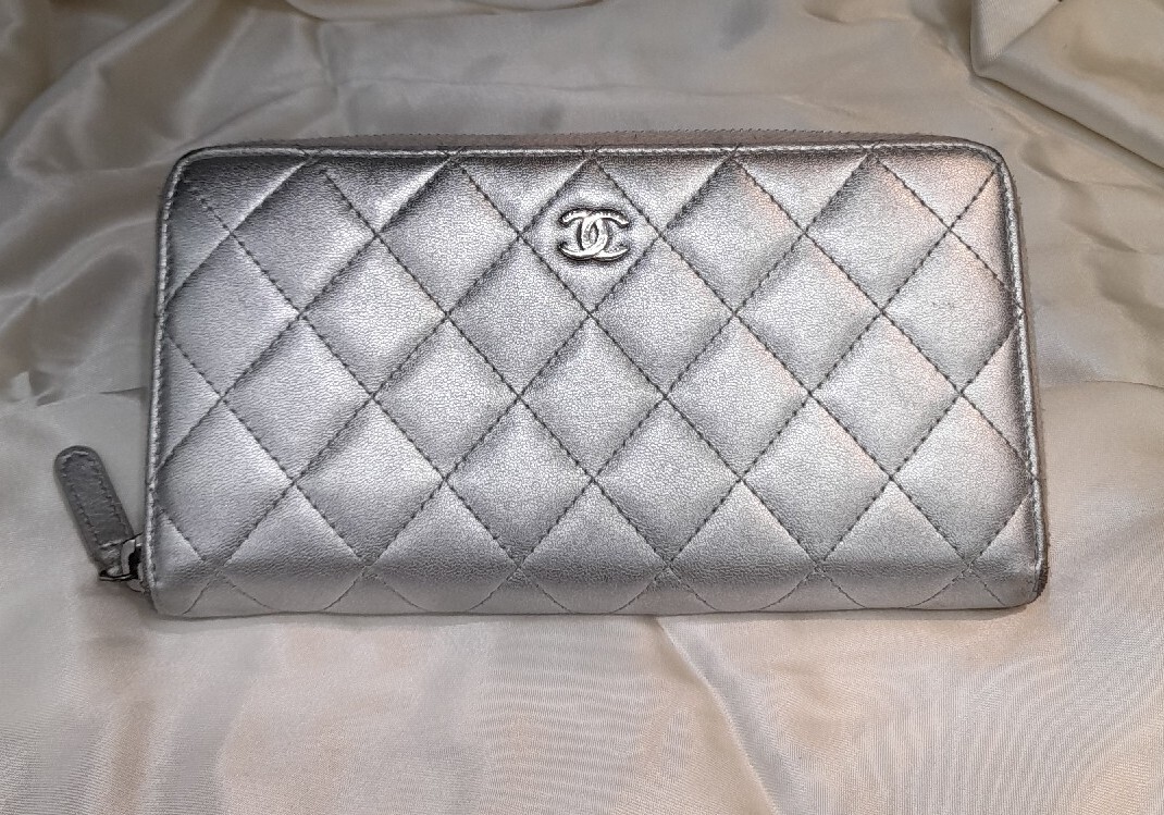 Chanel Quilted Metalic Silver CC Logo Long wallet… - image 1