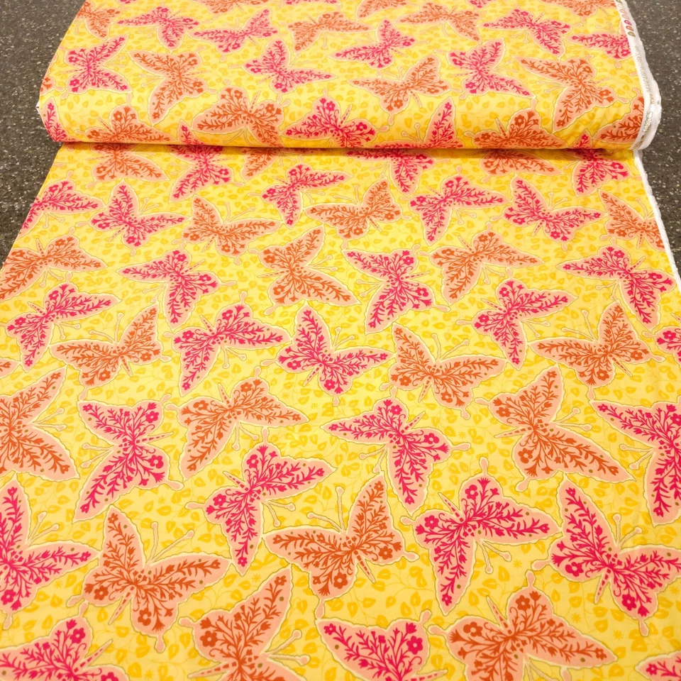 Willow BTY Junebee Ink & Arrow Floral Butterfly Orange Rust Red on Yellow - Image 3 of 3