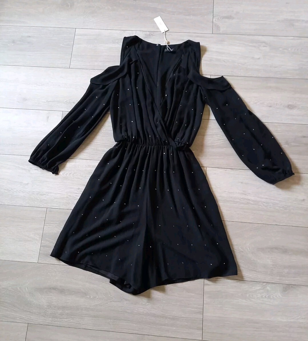 Next Black Diamante Stud Sheer Shorts Playsuit Cold Shoulder Frilled UK10  Tall