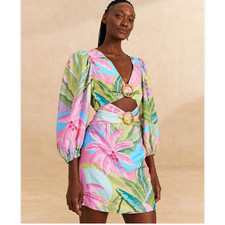 FARM RIO BEACH VIBE CUTOUT LINEN-BLEND MINI VACATION DRESS Small