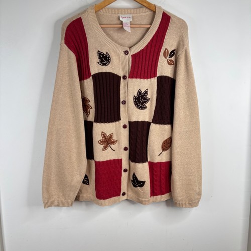 Vintage Herbst Strickjacke L Patchwork bestickt Blätter Lehrer Retro Halloween 90er