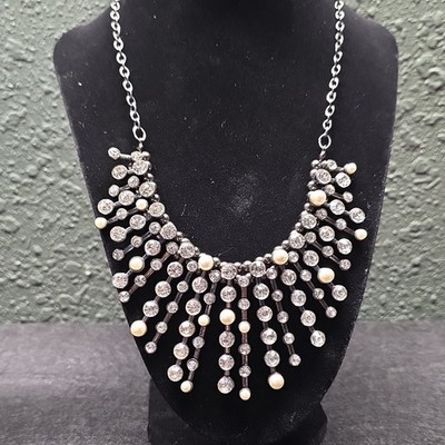 The Silver Bib Statement Necklace with Imitation Pearls and Rhinestones