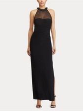 Lauren Ralph Lauren Evening Mesh-Yoke Stretch Jersey Gown Size 4 Black Beaded