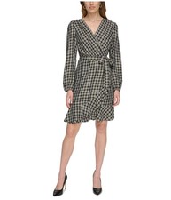 Tommy Hilfiger Womens Check Ruffle-Hem Wrap Fit & Flare Dress