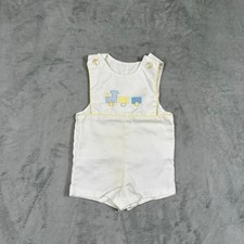 Vintage White Train Embroidered Shortall Romper 18 Months Made in USA