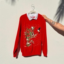 VTG 90s Cute Holiday Sweatshirt Birds Snow Christmas Pullover Sweater USA Made