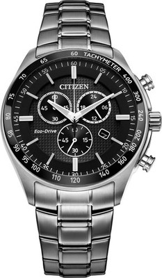 CITIZEN AT2411-50E HERREN SILBER TACHYMETER ECO-DRIVE CHRONO SCHWARZES ZIFFERBLATT UHR *NEU