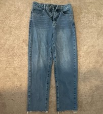 Women's Blue Denim High Waisted Jeans 5-Pocket Raw Hem Cotton Blend
