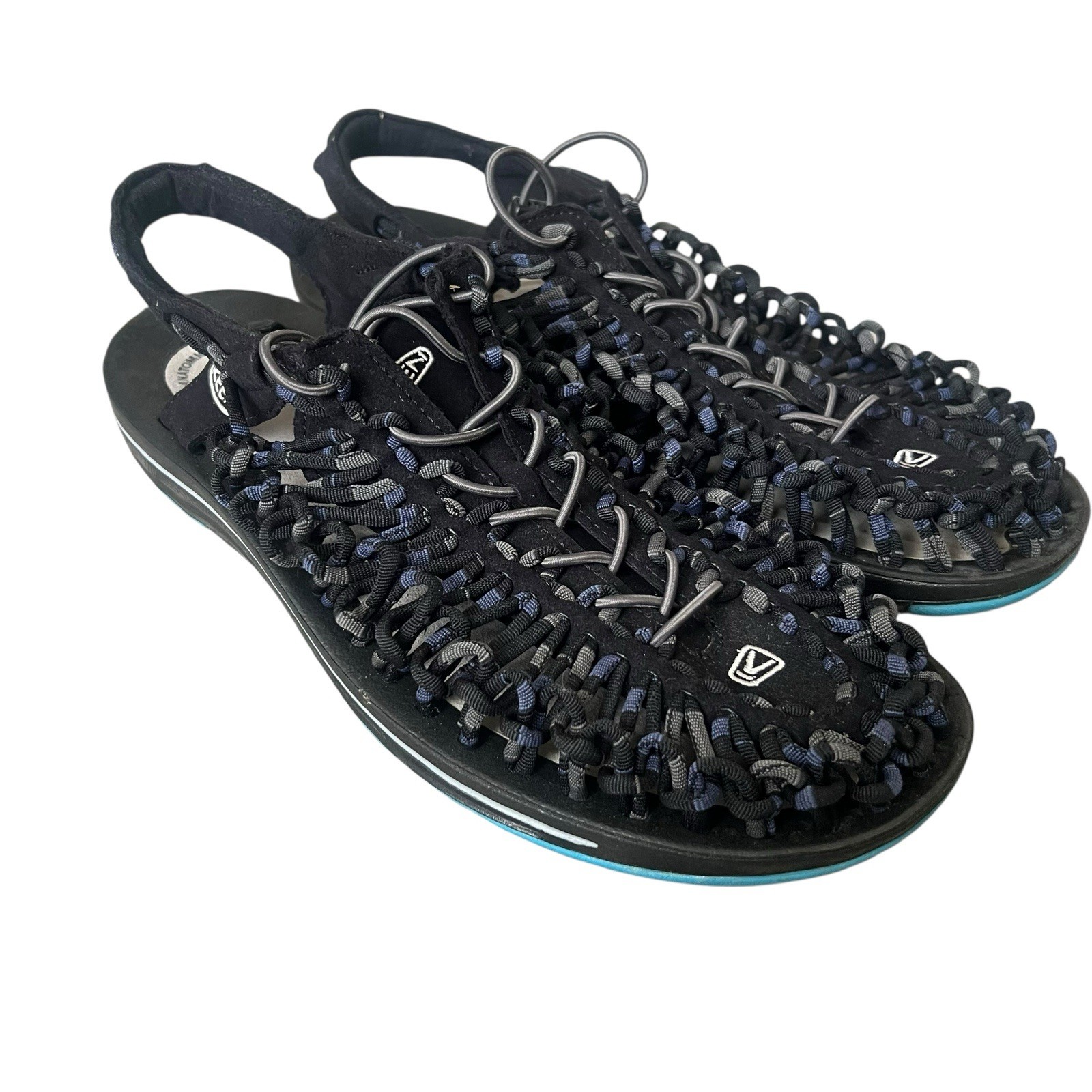 Sandali KEEN uomo taglia 12 Uneek rotondi in corda intrecciata nero blu escursionismo