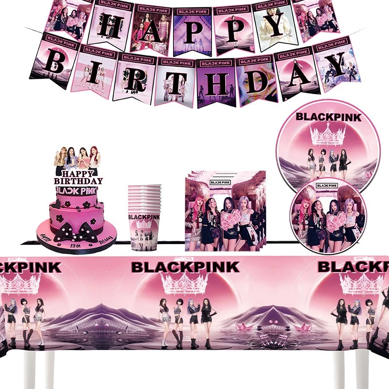 Suministros de fiesta rosa negro decoración de cumpleaños conjunto platos globo adorno tela pancarta Foto 2 de 4