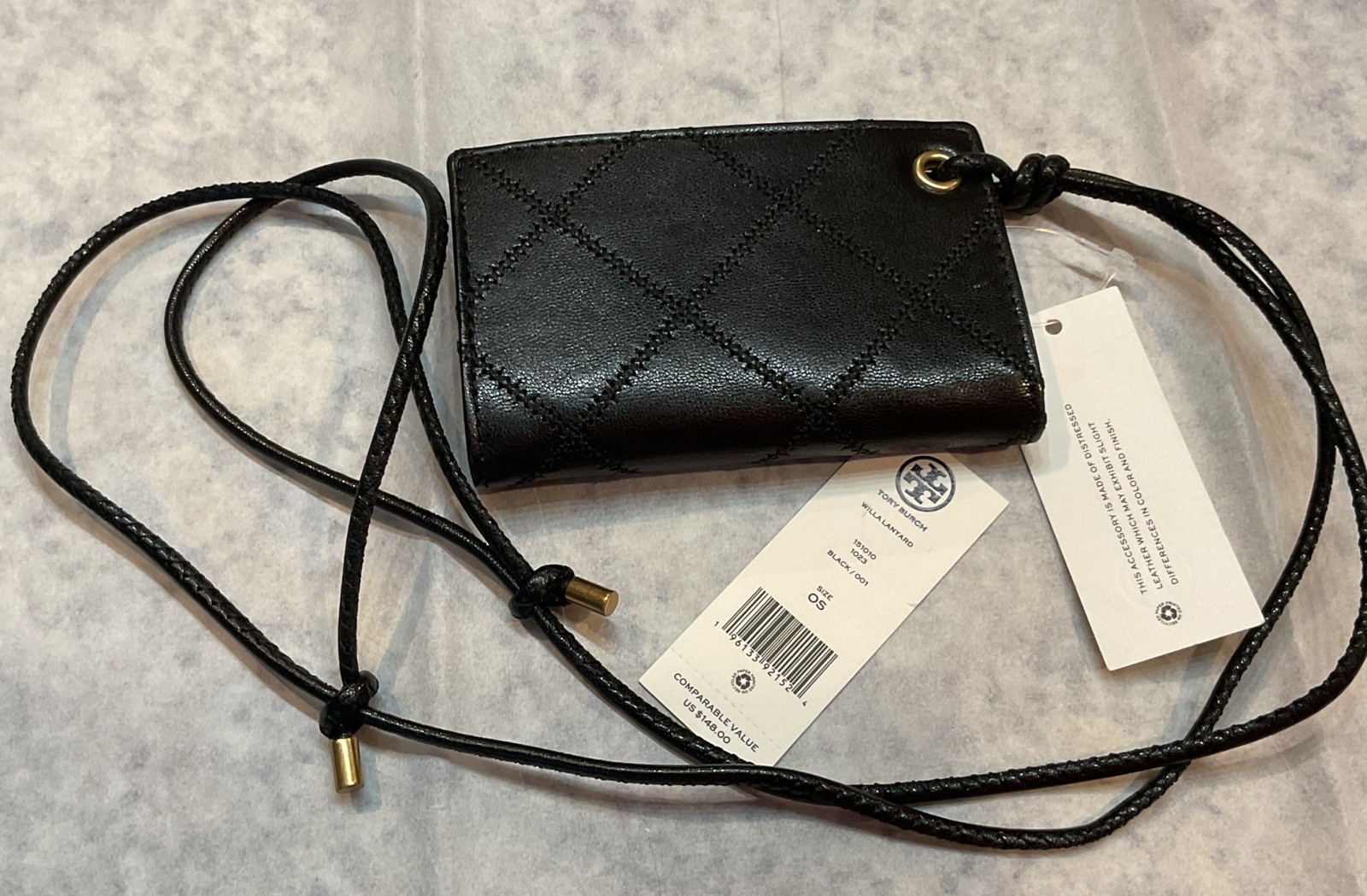 TORY BURCH Willa Lanyard Card Case in black quilted leather 151010 MSRP $148 NWT