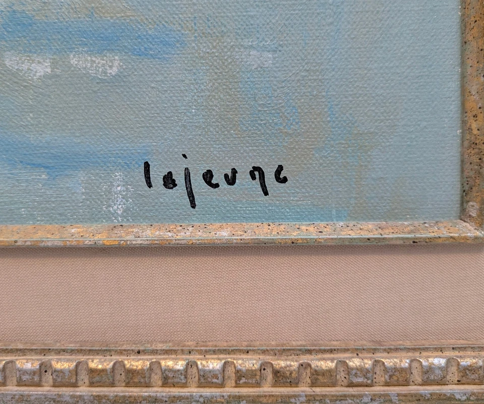 Ölgemälde SIGNIERT Lejeune 20. Jh IMPRESSIONIST Landschaft SEE Boote Bäume Ufer - Bild 3 von 4