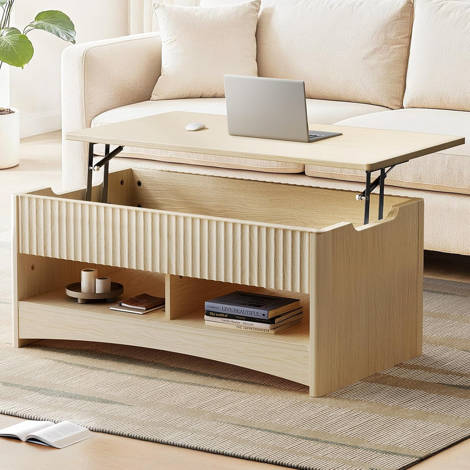 Lift Top Coffee Table with Open & Hidden Storage, Modern Fluted Coffee Table wit