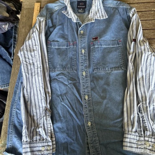 Vintage Bugle Boy Denim Striped Shirt Mens Large Long Sleeves 100% Cotton