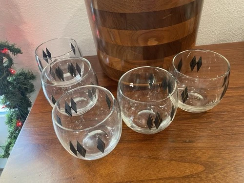 Federal Black Diamond Harlequin Roly Poly Old Fashioned Glass MCM Vtg 5