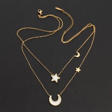Edelstahl Doppelkette goldfarben Halskette Mond Stern Anhänger filigrane Kette