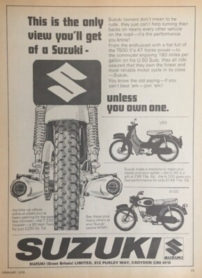Suzuki T200 Invader / U50 / A100 original 1970 s/w Werbung 25cm x 17cm