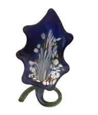 Hand Blown Blue FLOWER SPIRAL Murano Style COILED BASE Art Glass Vase