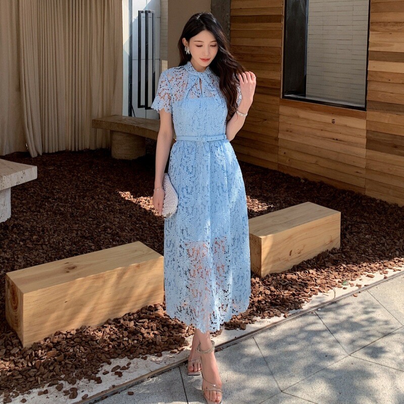 Women Water Soluble Lace Short Sleeved Blue A-line Party Elegant Slim Long  Dress