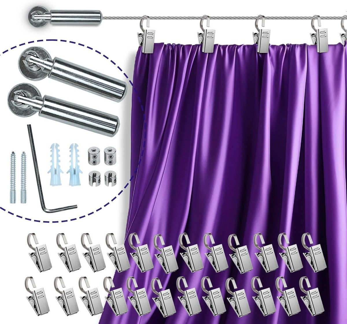 Adjustable Indoor Outdoor Wire Curtain Rod Room Divider Hanging System 24  Clips