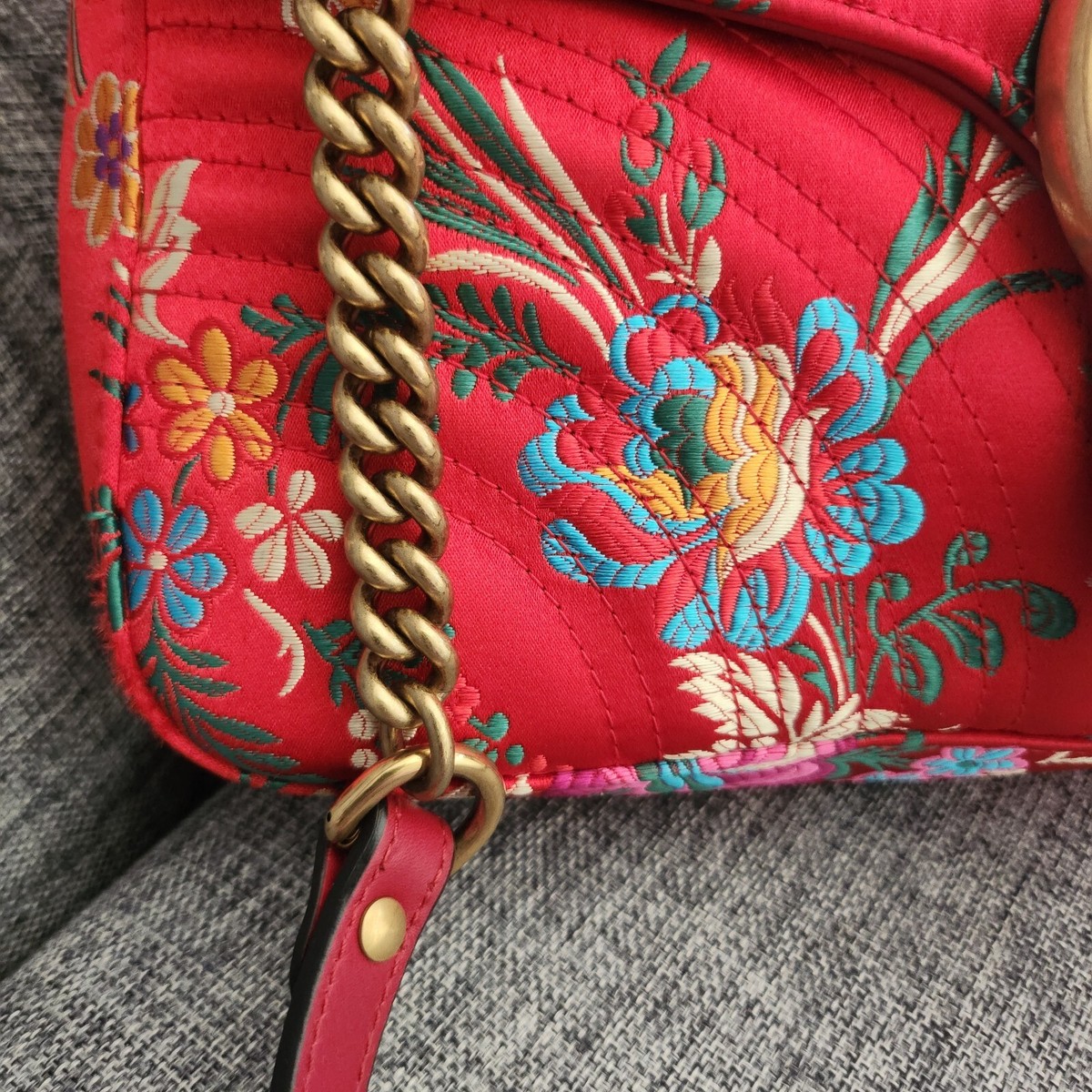 GUCCI GG Marmont Crossbody Bag Red Floral Embroidery Shoulder