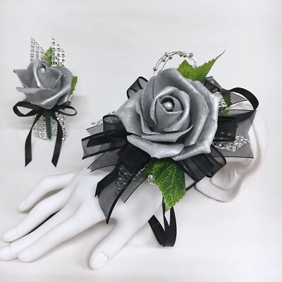 Glamour Single Silver Foam Rose on Black  Prom Corsage & Boutonniere Combo