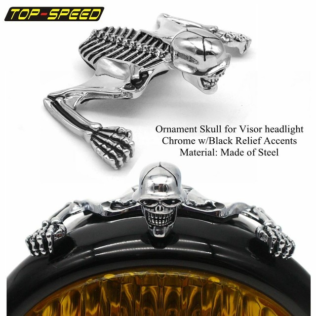 Chrome Skull Skeleton Headlight Visor Ornament Steel For Harley 7 in
