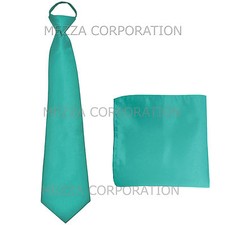 New formal men's pre-tied ready knot necktie  hankie polyester turquoise blue