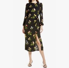 Reformation Reza Floral-Print Long Sleeve Wrap Midi Dress In Night Bloom NWT