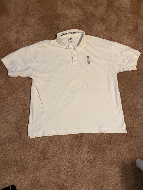VTG 90s Warner Bros Polo Shirt Mens XXL White Bugs Bunny What’s Up Doc