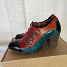 L’artiste Spring Step Blueberry Size 39 Chunky Heels Hand Painted Bohemian EUC!